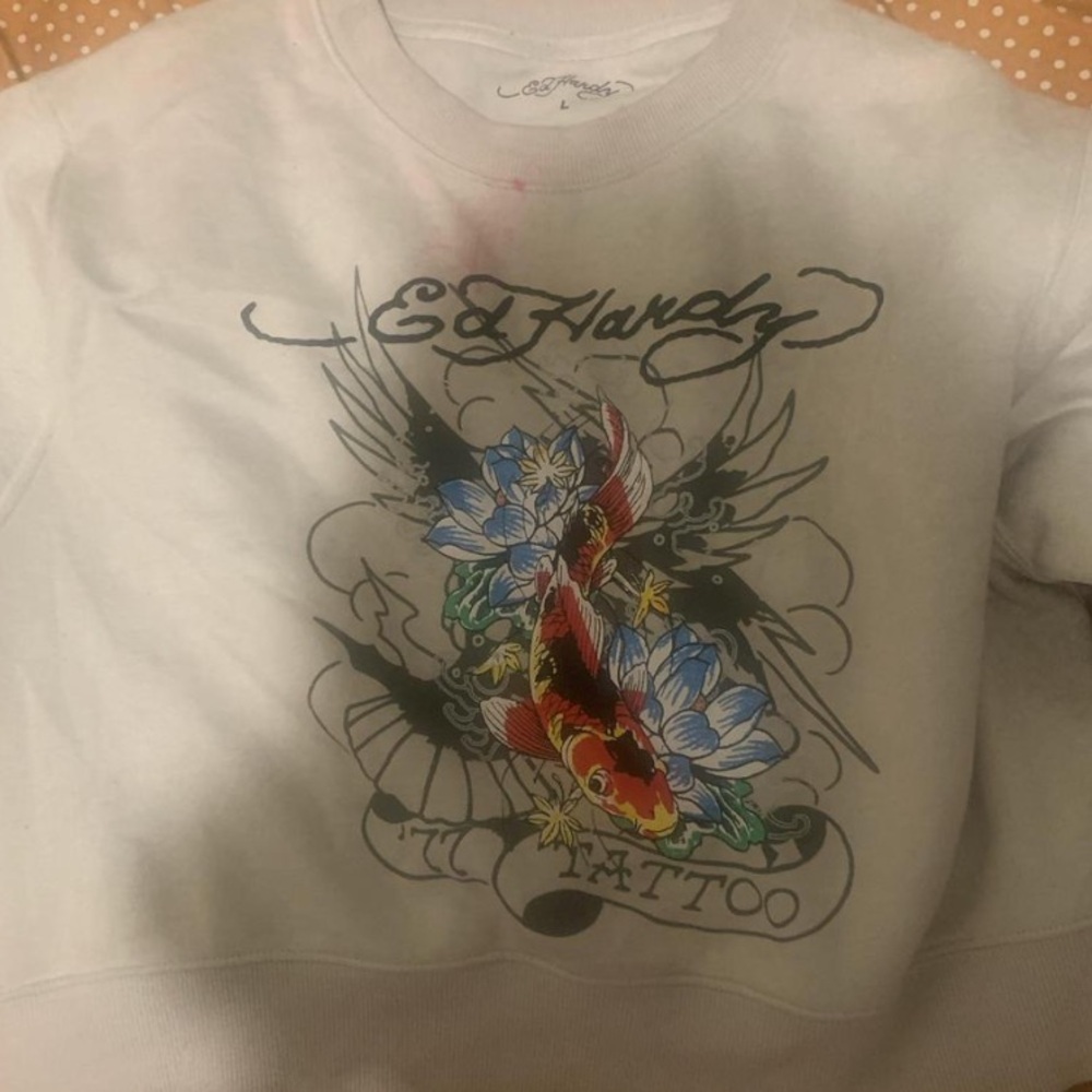 Ed Hardy White Crewneck Sweatshirt with Colorful Koi and Floral Graphic